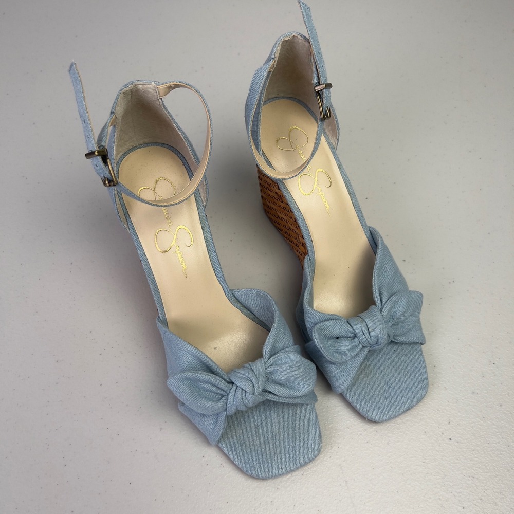 Jessica Simpson Avery Wedge Sandals Womens 8M Blue Denim Bow Ankle Strap Exc